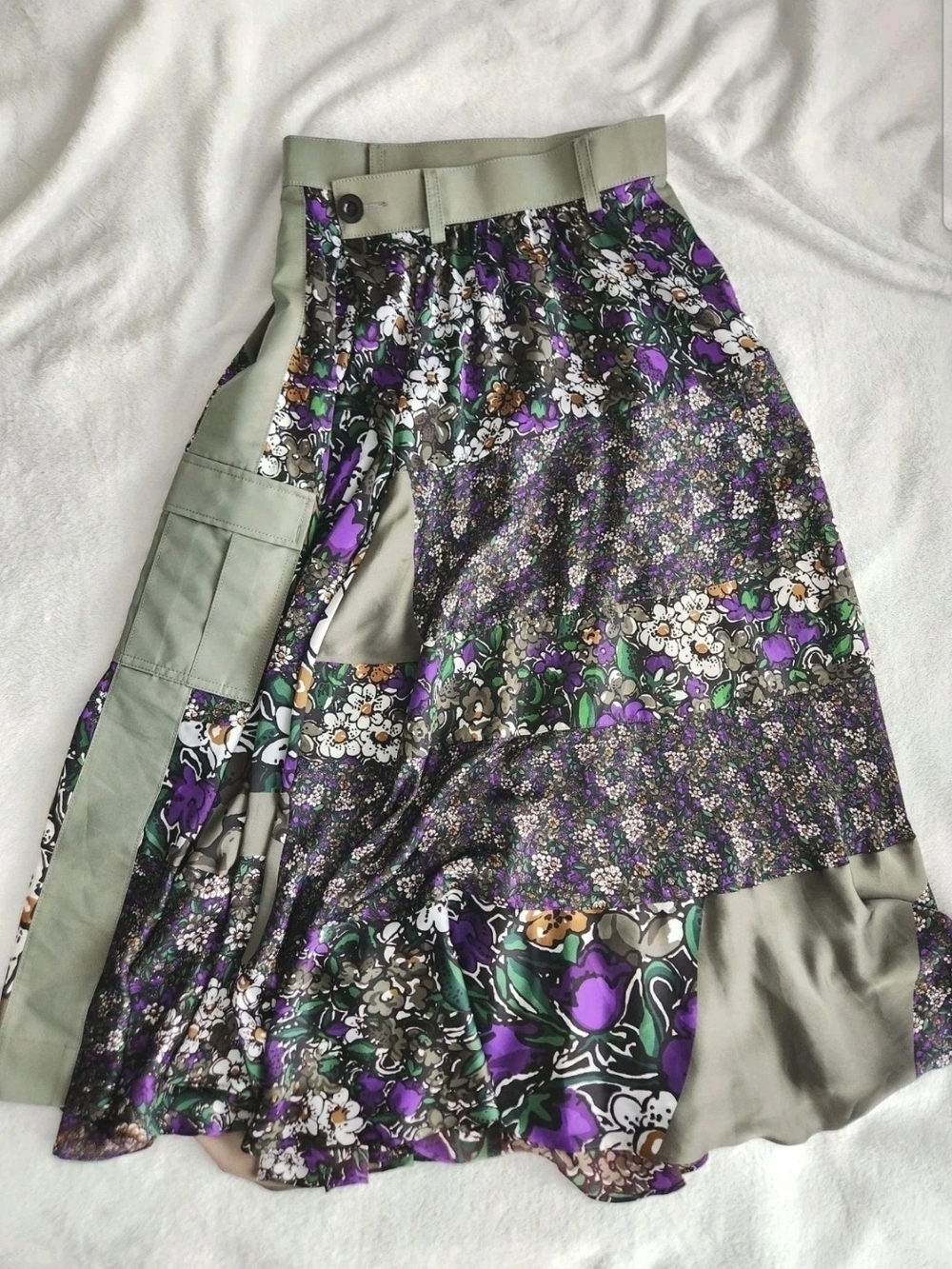 Sacai Floral-Print Pleated Cargo Skirt Purple & Green Patchwork Sz 2 XS